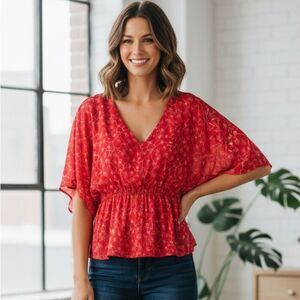 Take 50% OFF- Wassio Red Floral Women's Top, Size-L